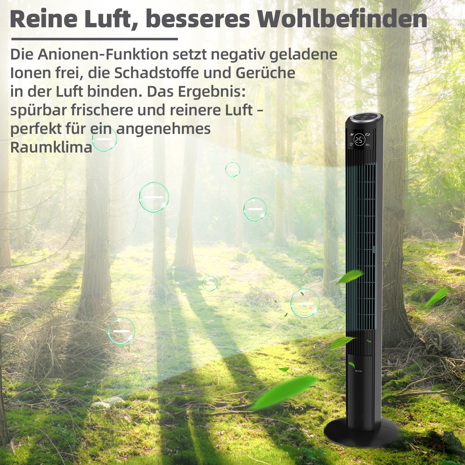 Schwarzer Ventilator in einer Waldszene mit Bäumen. Grüne Blätter schweben. Text: 'Reine Luft, besseres Wohlbefinden'.