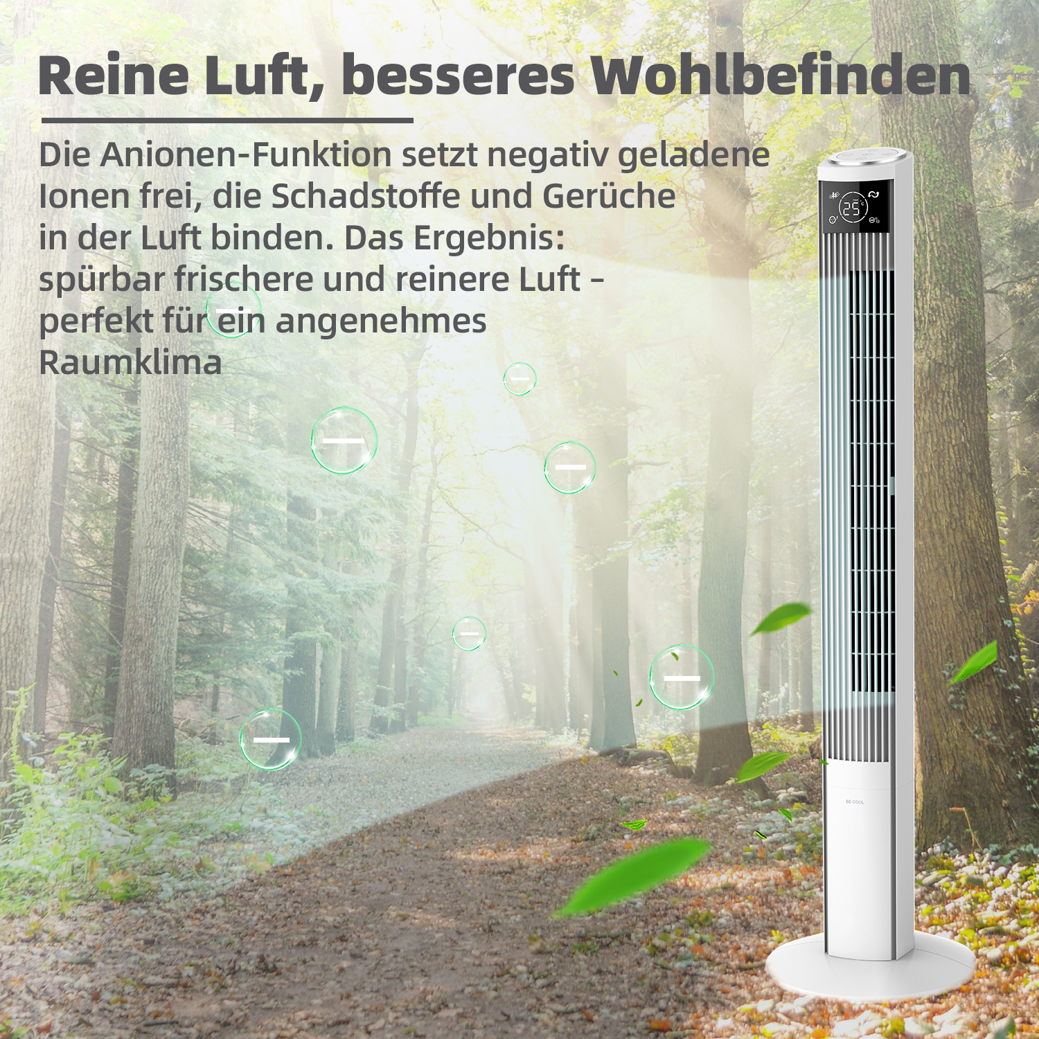 Weißer Ventilator in einer Waldszene mit Bäumen und grünen Blättern. Text: 'Reine Luft, besseres Wohlbefinden'.
