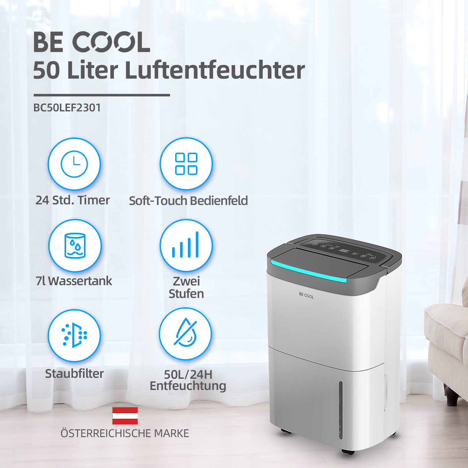 Diagramm zeigt Funktionen eines Luftentfeuchters: Timer, Trocknen, Lüftermodus, Feuchtigkeitsregelung, Modi und Ein/Aus.