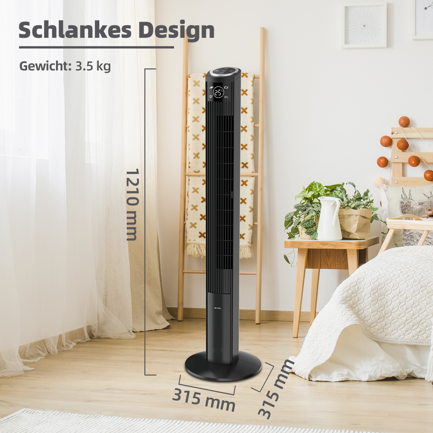 Schwarzer Turmventilator mit Maßen: 1210 mm Höhe, 315 mm Breite. Es ist in einem Raum mit Bett und Teppich.