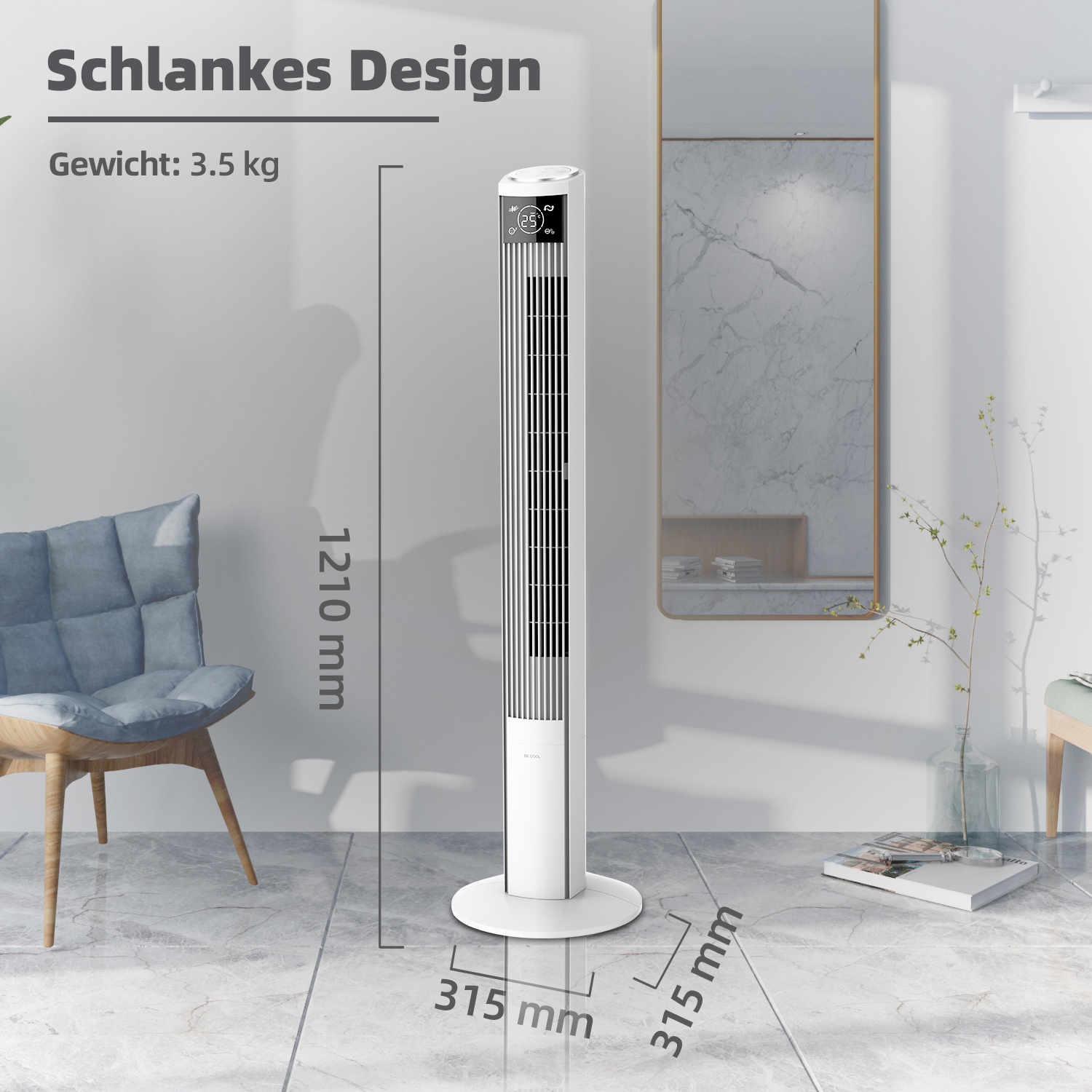 Weißer Turmventilator mit Maßen: 1210 mm Höhe, 315 mm Breite. Es ist in einem Raum mit Spiegel und Stuhl.