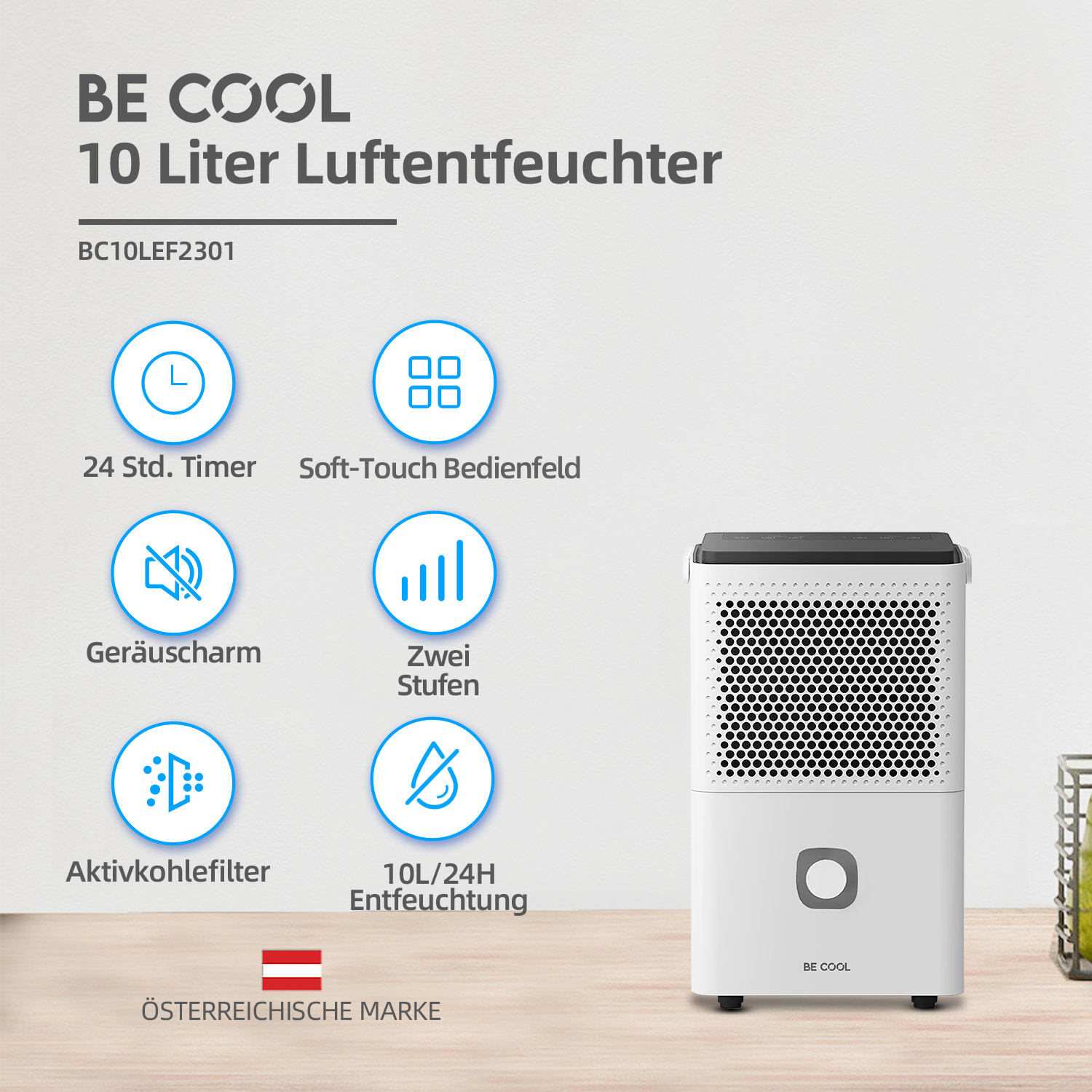 Weißer Luftentfeuchter mit schwarzem Deckel. Zu den Merkmalen gehören ein Timer, ein Soft-Touch-Panel und ein Aktivkohlefilter.