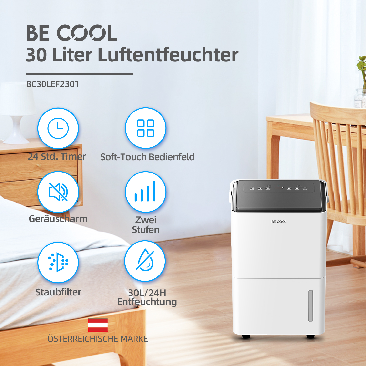 Luftentfeuchter mit Funktionssymbolen und einem Schreibtisch. Zu den Symbolen gehören Timer, Soft-Touch und Staubfilter.