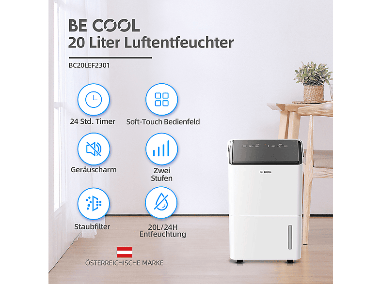 Be Cool BC20LEF2301 Luftentfeuchter Weiß (420 Watt, Entfeuchterleistung: 20 l/d, 20 m²) — Foto 2 von 5