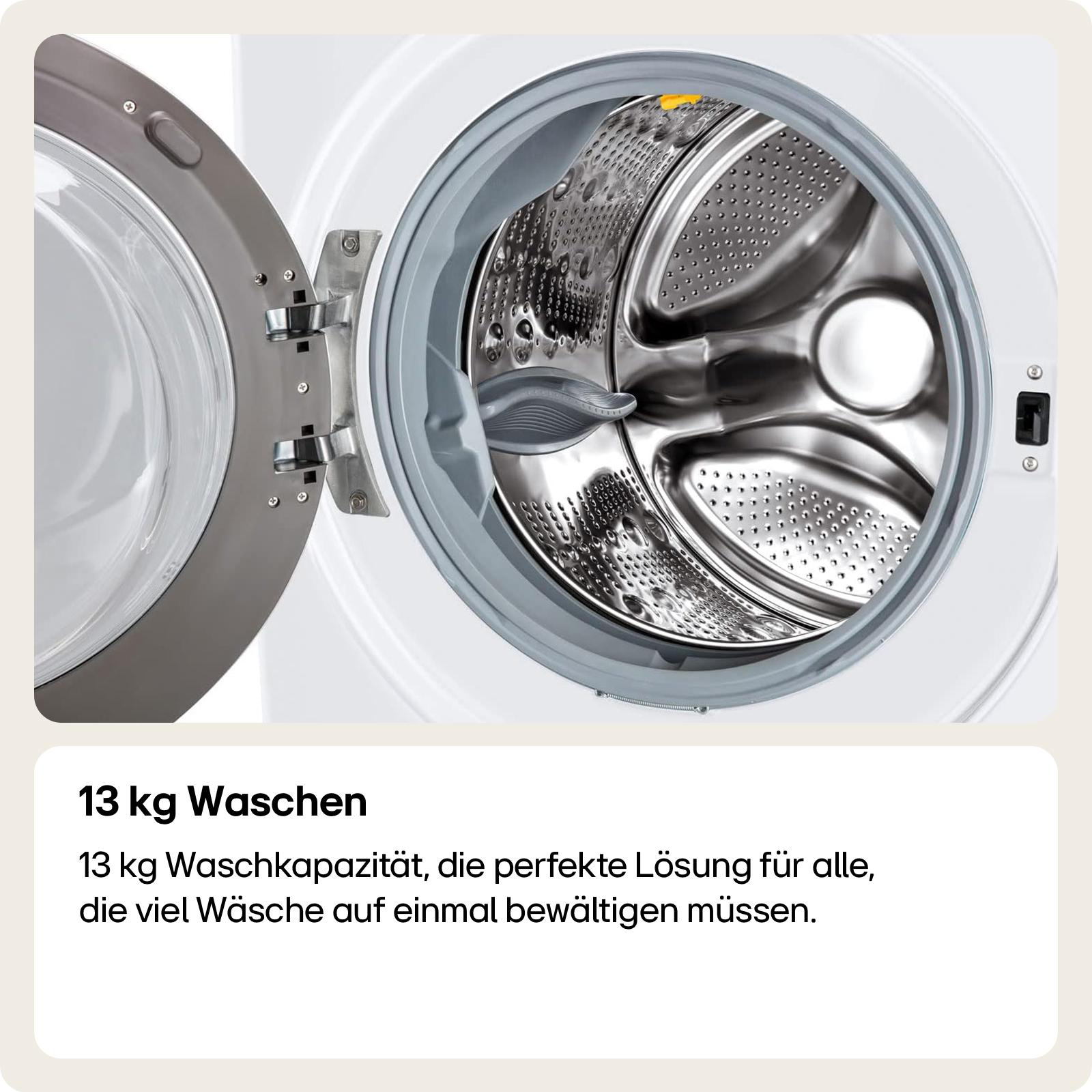 Weiße Waschmaschine mit geschlossener Tür und Text zu TurboWash 360 und schneller Reinigung.