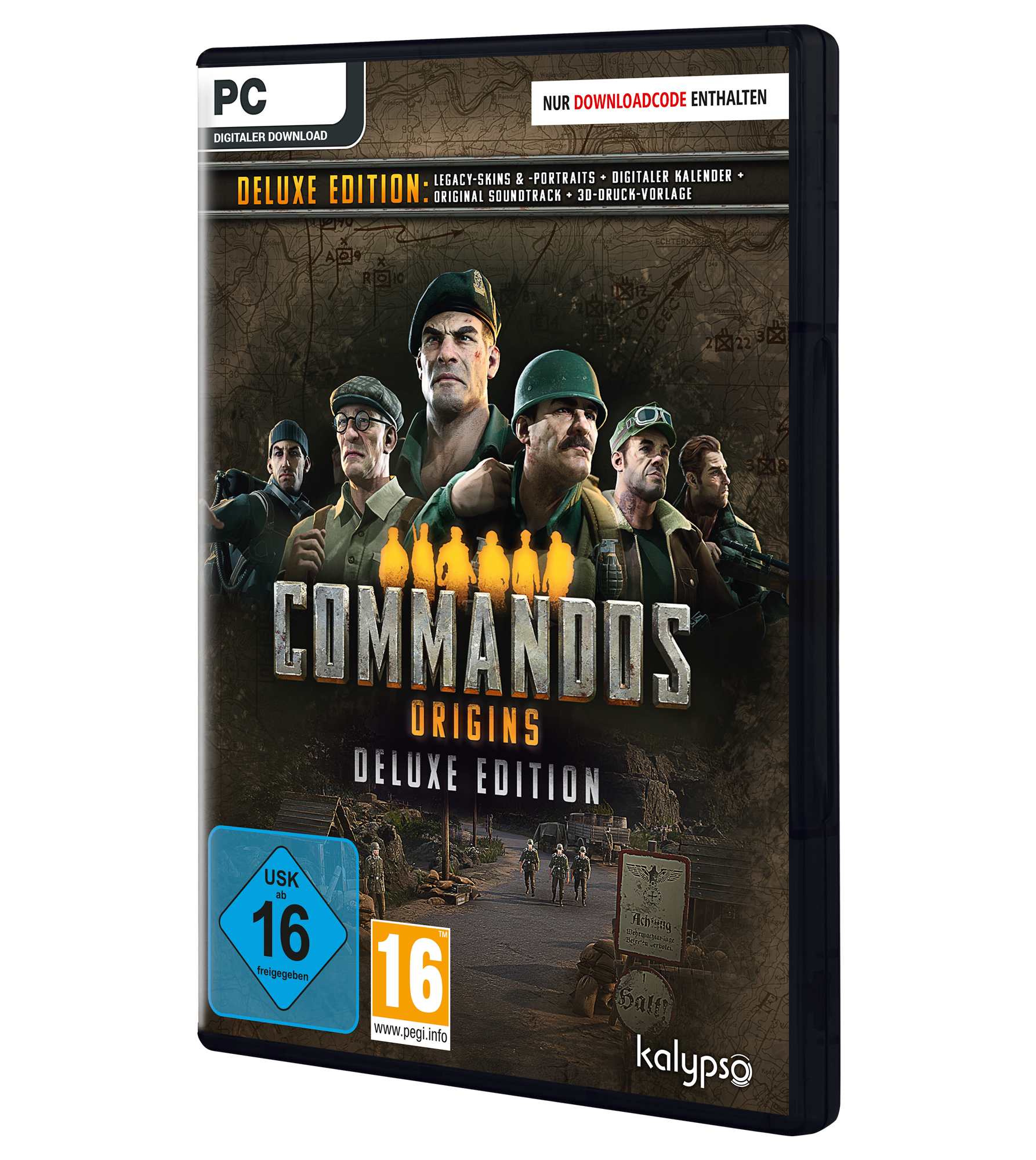 Spielbox-Art für 'Commandos Origins Deluxe Edition' mit Charakteren und Logo auf dunklem Hintergrund.