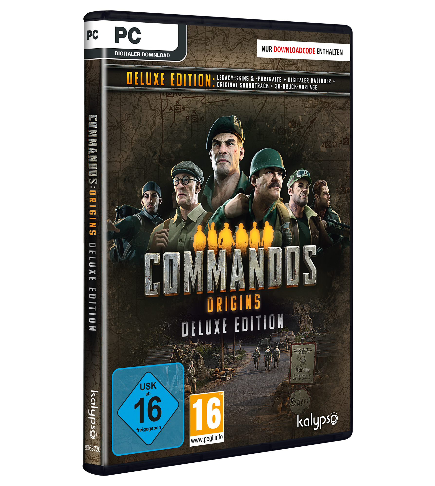 Die Spielbox-Art für 'Commandos Origins Deluxe Edition' mit Charakteren, Logo und Details.
