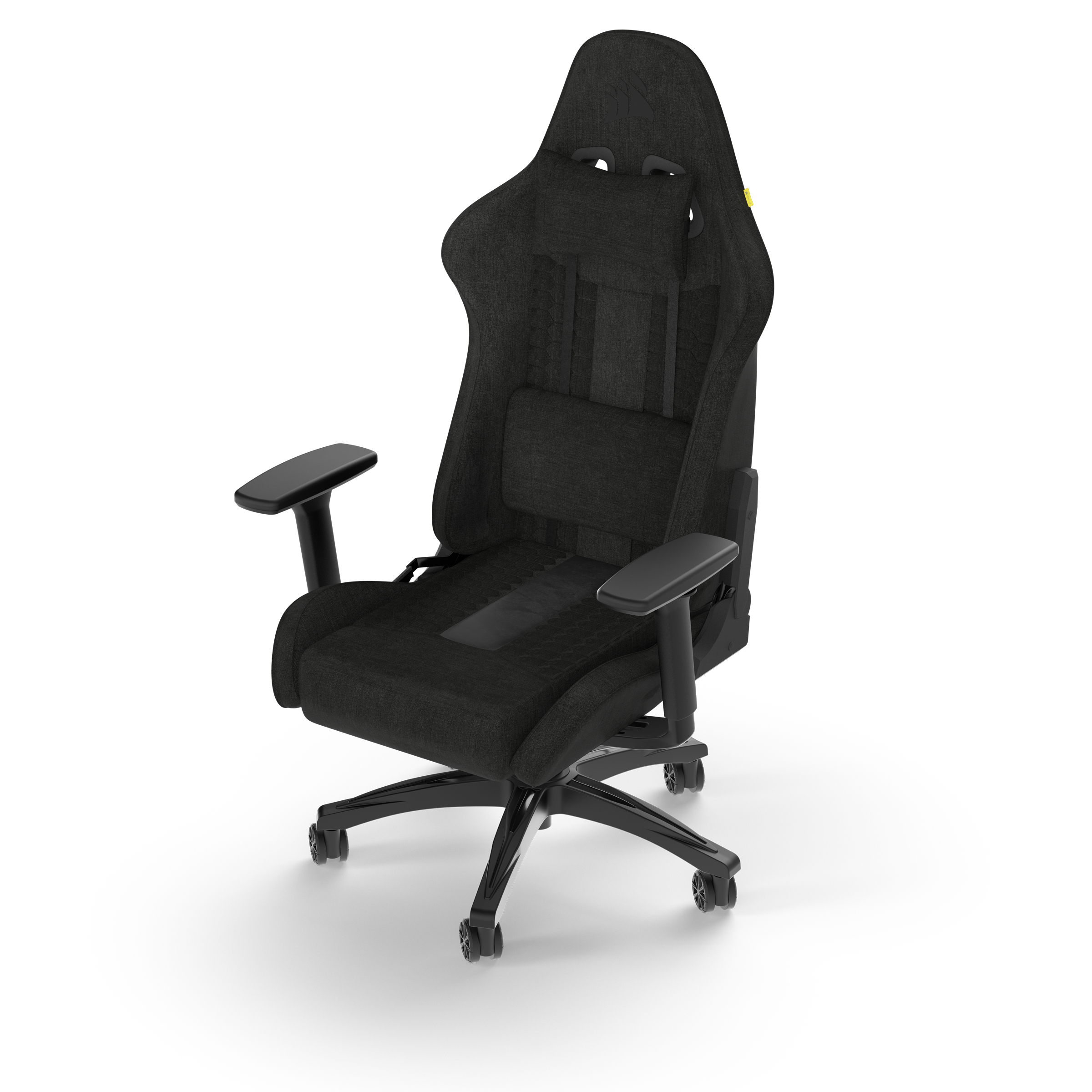 Gaming-Stuhl, schwarz. Hohe Rückenlehne, ergonomisches Design. Winkelansicht. Armlehnen sind sichtbar.