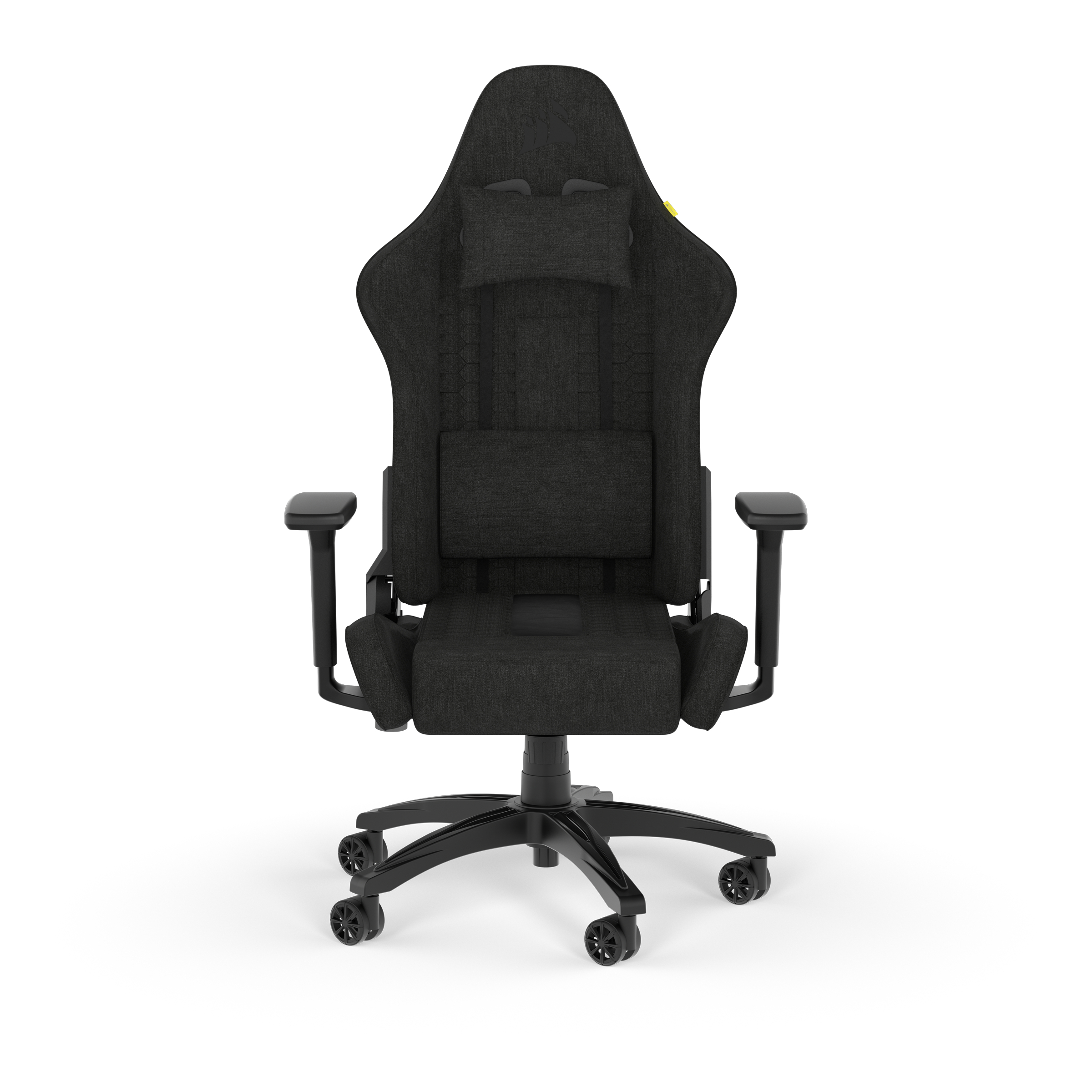 Gaming-Stuhl, schwarz. Frontansicht, hoher Rücken. Armlehnen, Basis und Räder sind sichtbar.