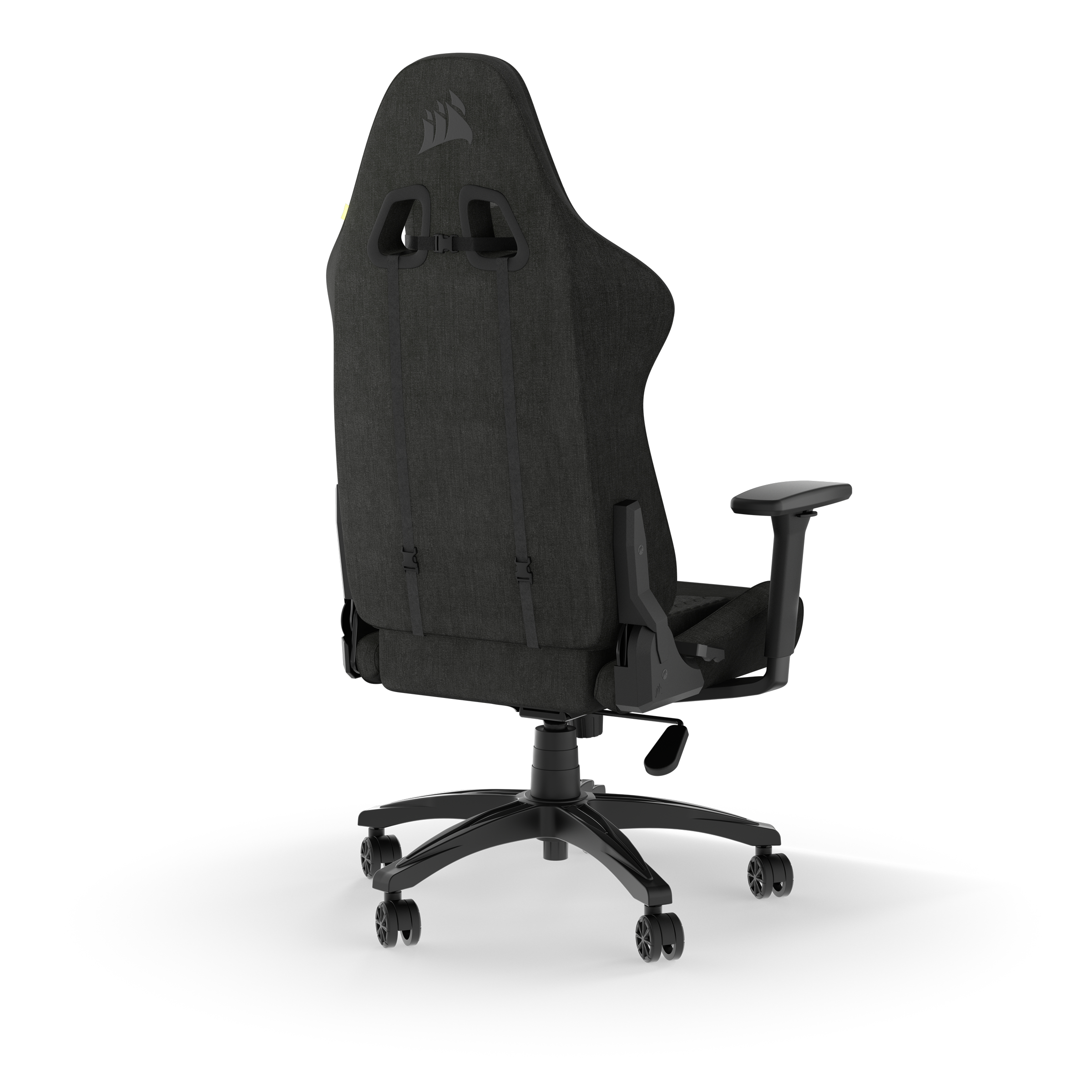 Gaming-Stuhl, schwarz. Rückansicht. Hohe Rückenlehne, Lordosenstütze und Räder sind sichtbar.