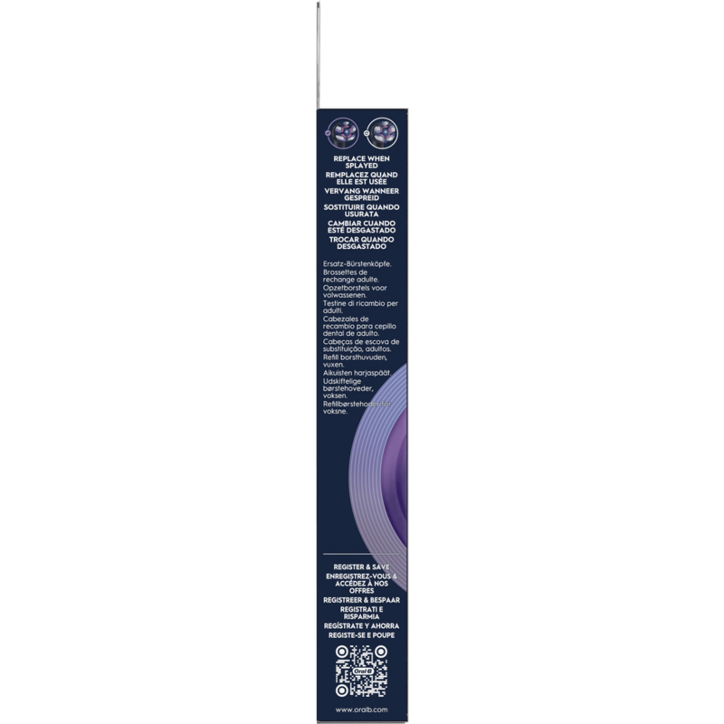 Embalaje de cabezal de cepillo de dientes, texto en varios idiomas, fondo degradado morado.