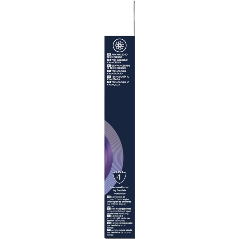 Embalaje cabezal cepillo dientes, texto, fondo degradado morado, logo Oral B.