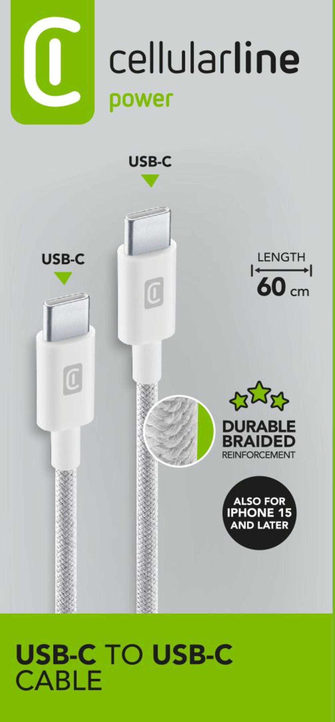 Weißes USB-C-zu-USB-C-Kabel mit weißen Steckern. Das Kabel ist geflochten, und das Logo ist sichtbar.