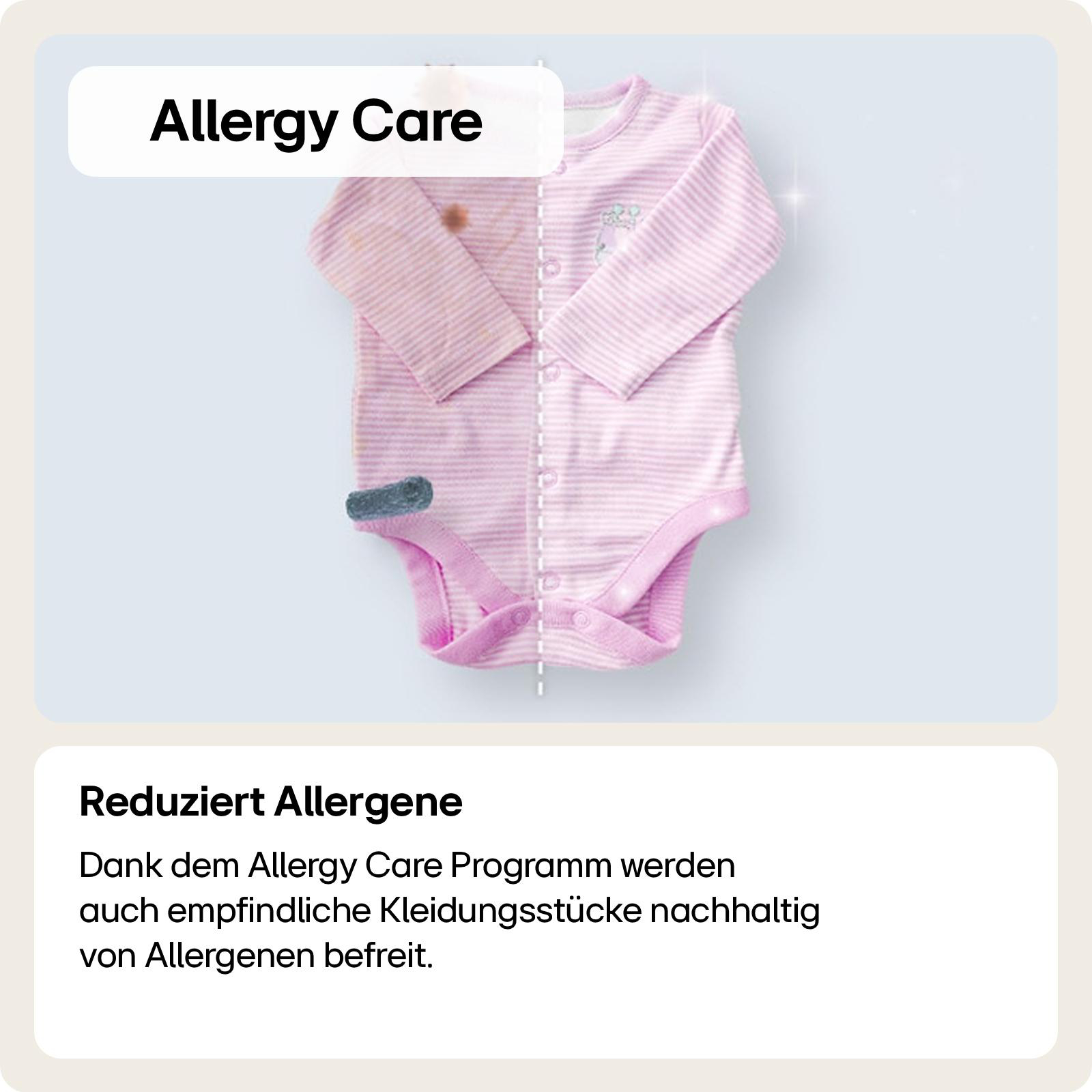 Rosa Baby-Body, halb befleckt, halb sauber. Text: 'Allergiepflege'.
