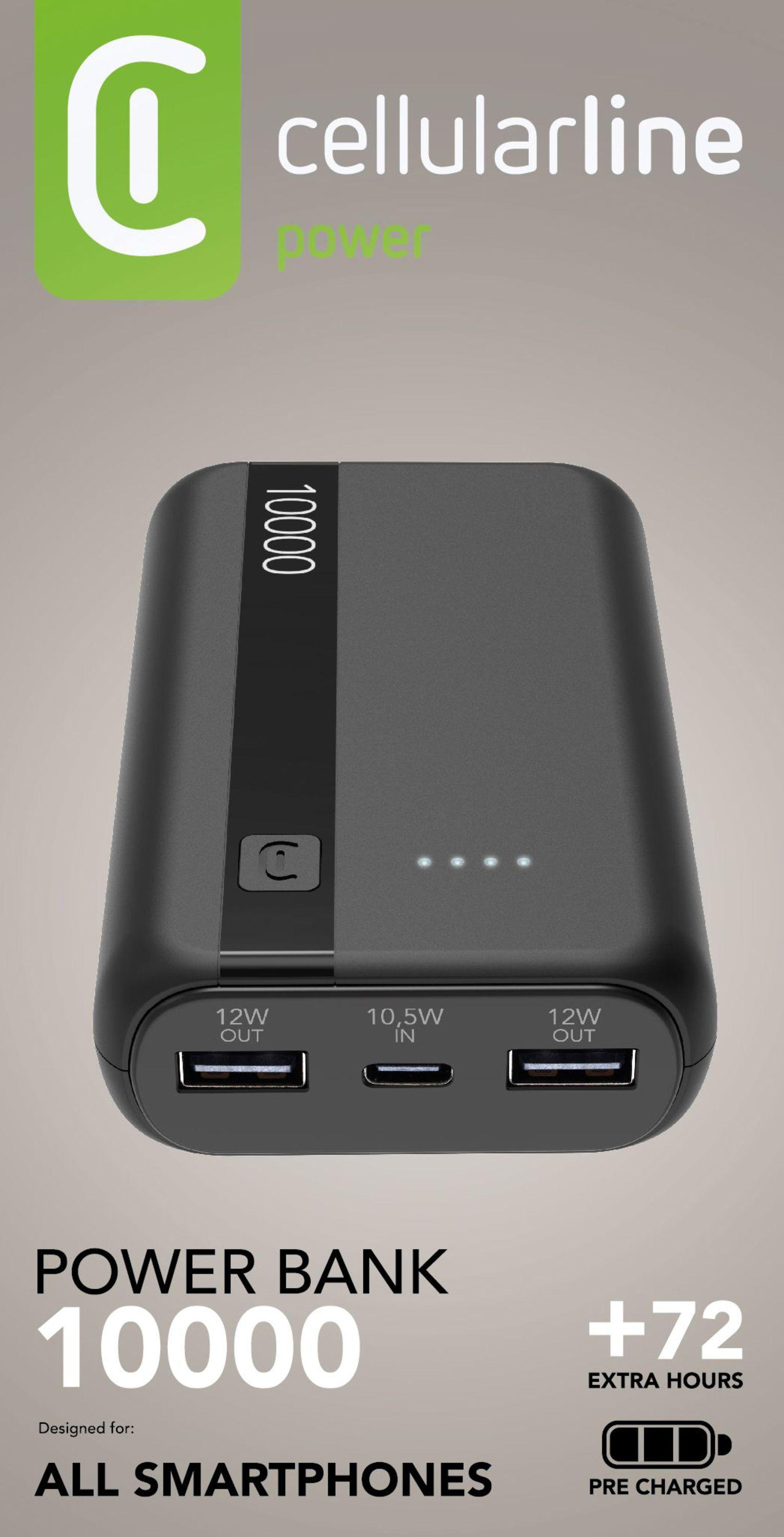 Eine schwarze Powerbank mit Ausgang und dem Text '10000'.