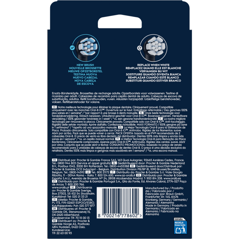 Embalaje para cabezales de cepillo de dientes Oral-B. Contiene texto en varios idiomas.