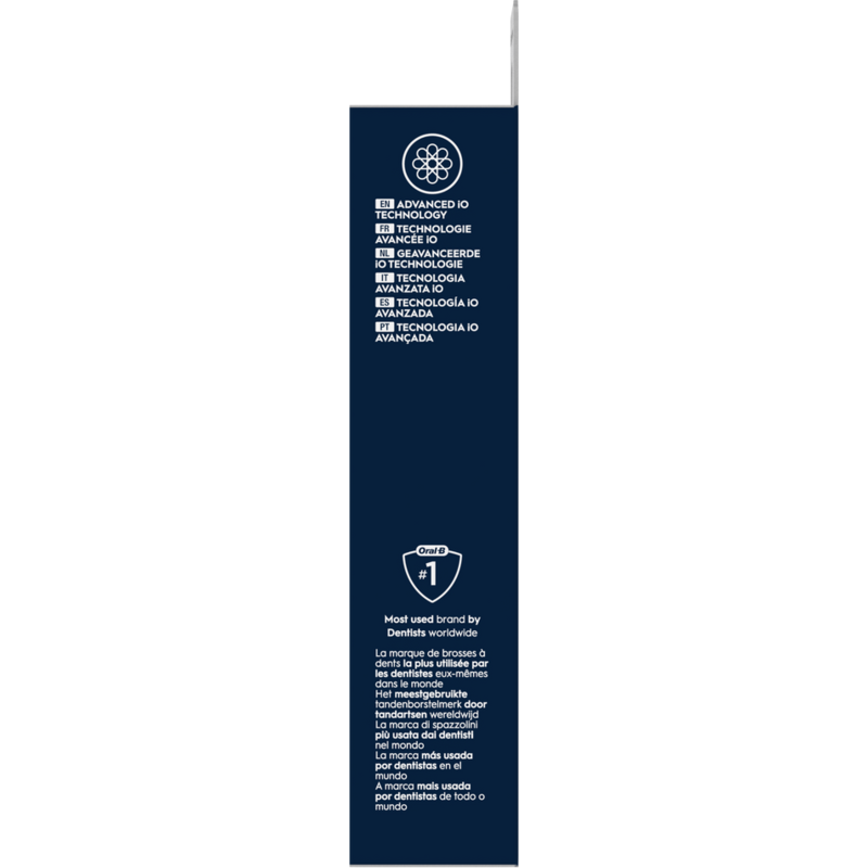 Lateral del embalaje de cabezales de cepillo de dientes Oral-B. Texto en varios idiomas.