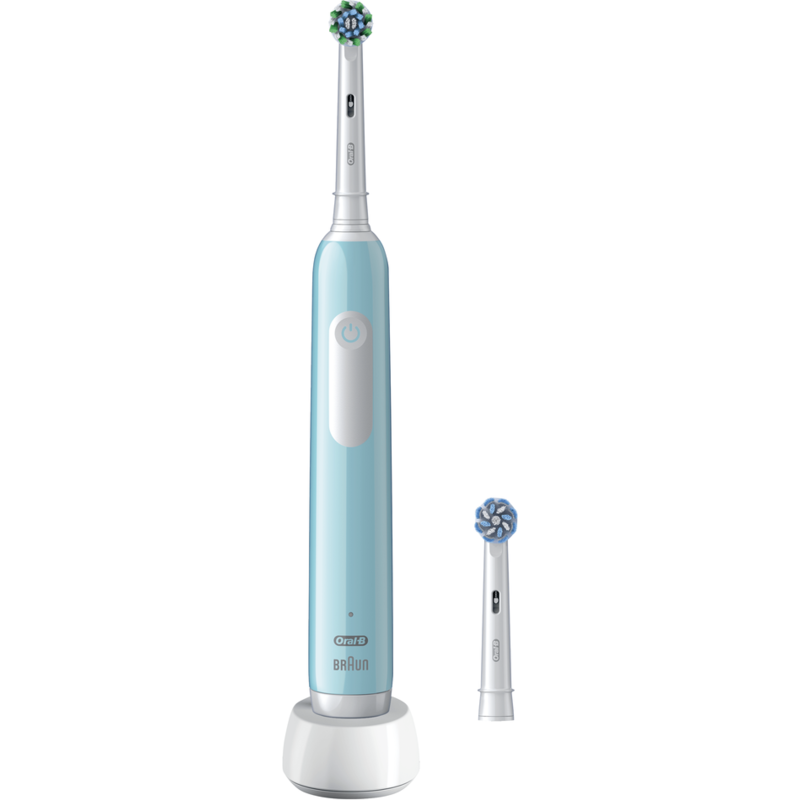 Un cepillo de dientes eléctrico Oral-B azul con dos cabezales.