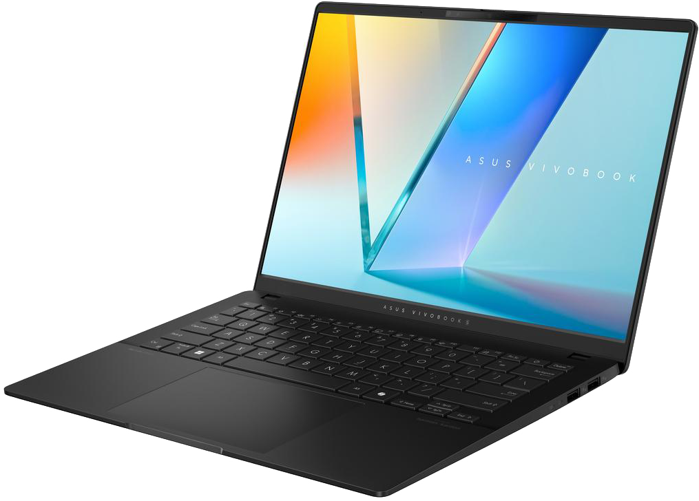 Fekete ASUS Vivobook laptop. Nyitva, billentyűzettel és képernyővel, színes absztrakt művészettel.
