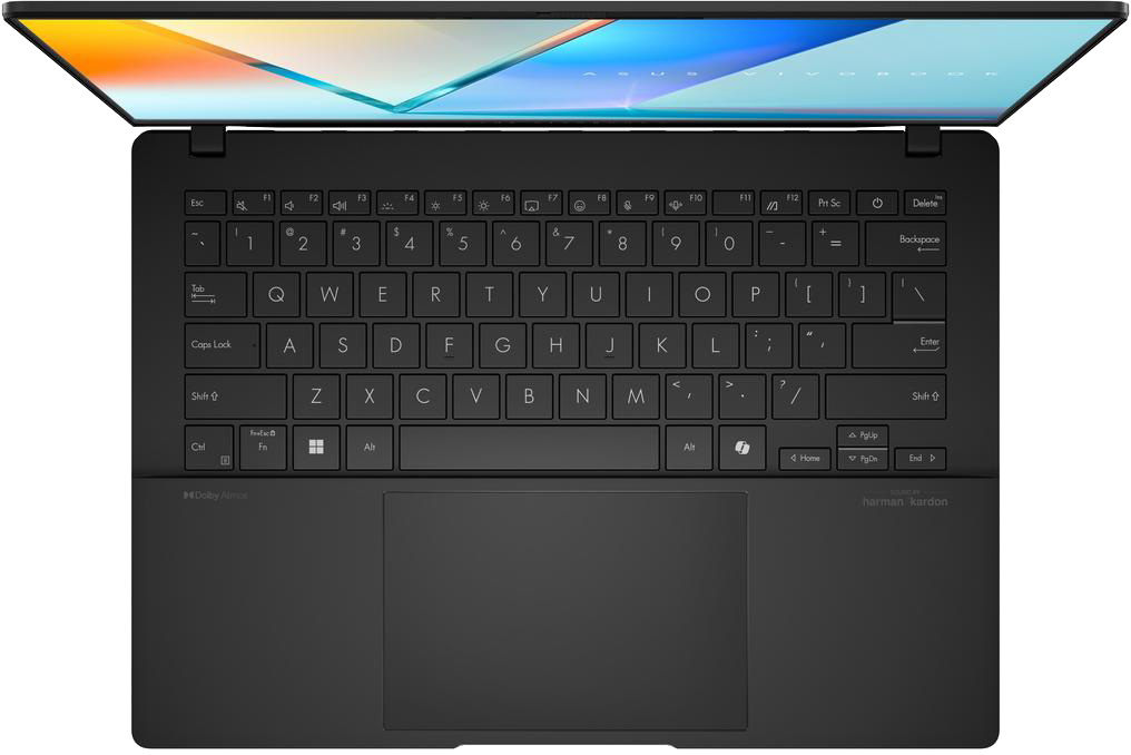 Fekete ASUS Vivobook laptop felülnézete, nyitva. Billentyűzet és touchpad látható. A képernyő ki van kapcsolva.