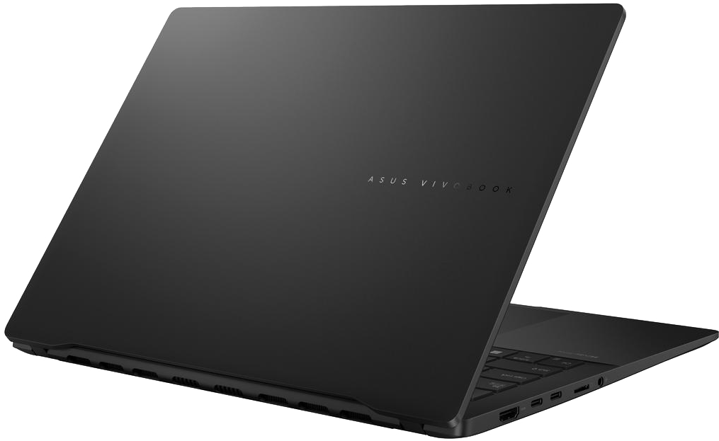 Fekete ASUS Vivobook laptop, szögletes nézet. Hátulja látható, ASUS Vivobook logóval. Részben nyitva.