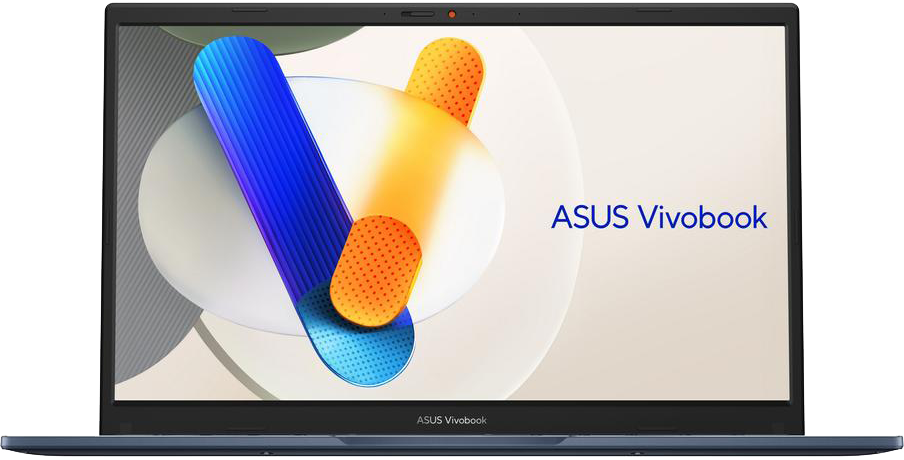 Laptop ASUS Vivobook logót mutat a képernyőn, absztrakt grafikával, a laptop nyitva van.