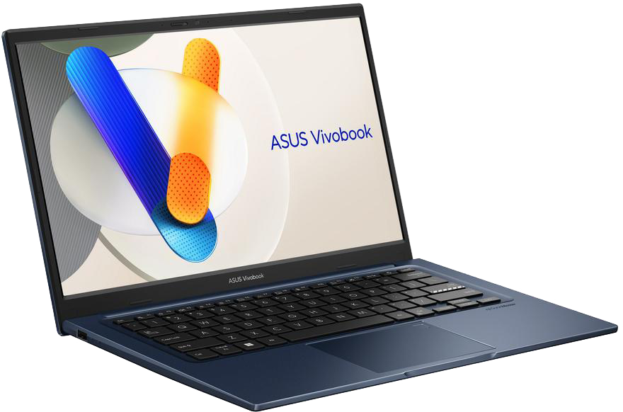 Kék laptop nyitva, képernyőn ASUS Vivobook logó és absztrakt grafika.