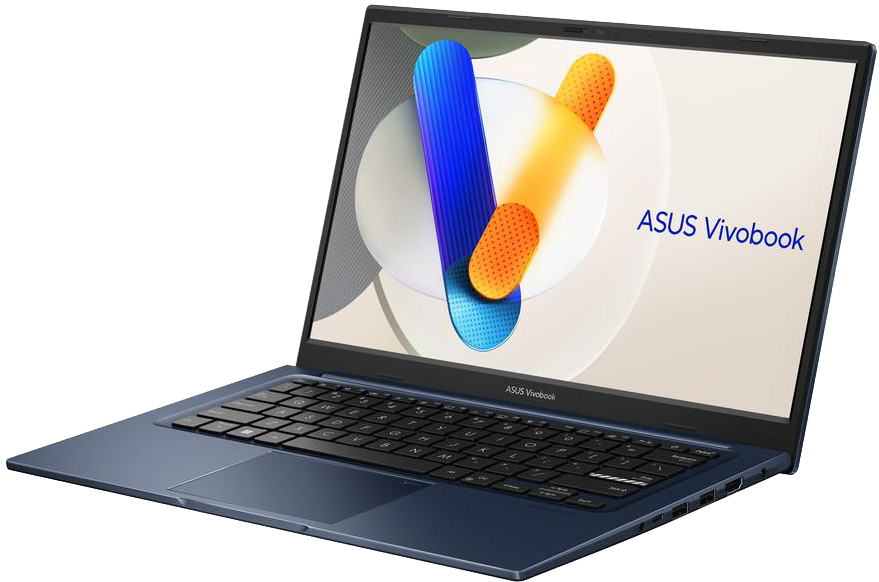 Laptop képernyővel, ASUS Vivobook logóval és absztrakt grafikával, kék billentyűzettel.
