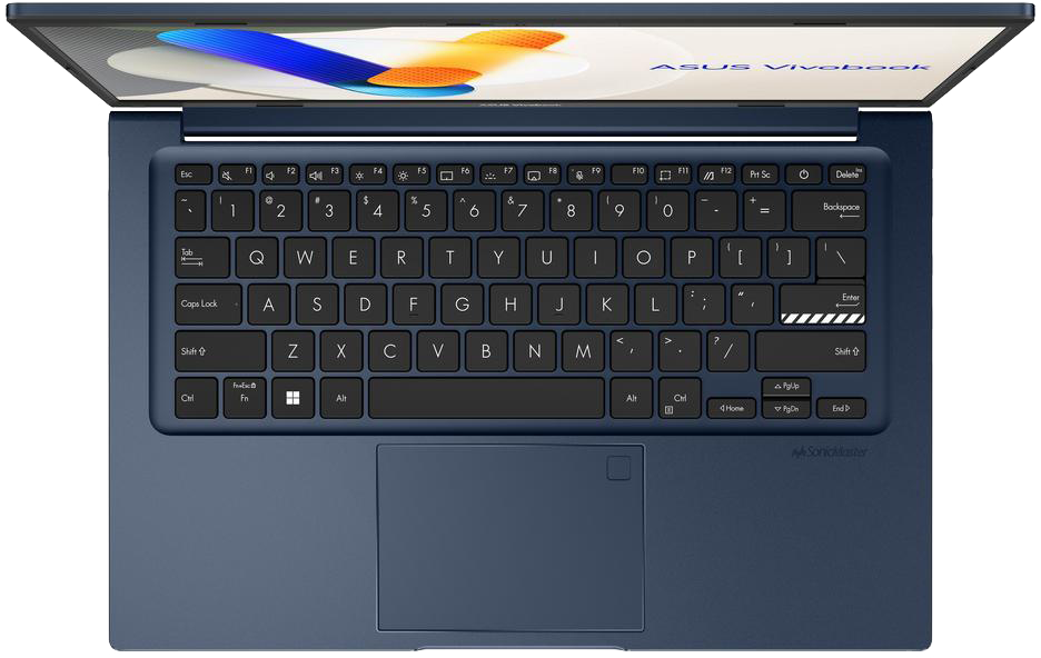 Laptop felülnézet, nyitva, billentyűzet, touchpad látható. Képernyőn grafika, ASUS Vivobook logó.