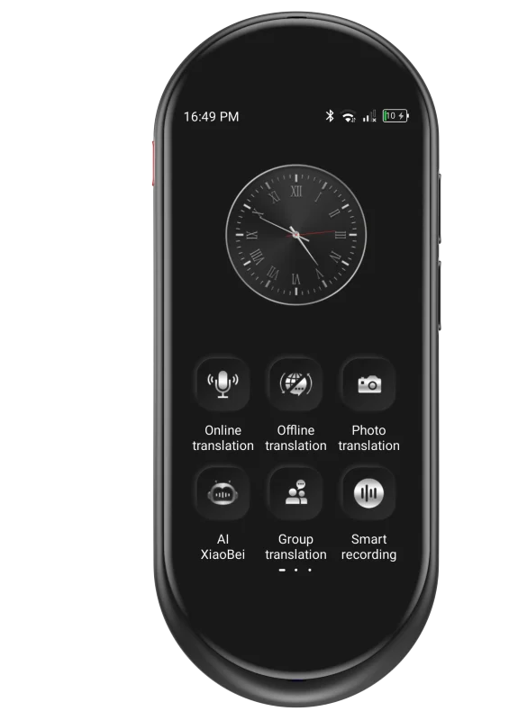 Czarne, podręczne urządzenie do tłumaczenia. Wyświetla zegar i ikony trybów tłumaczenia.
