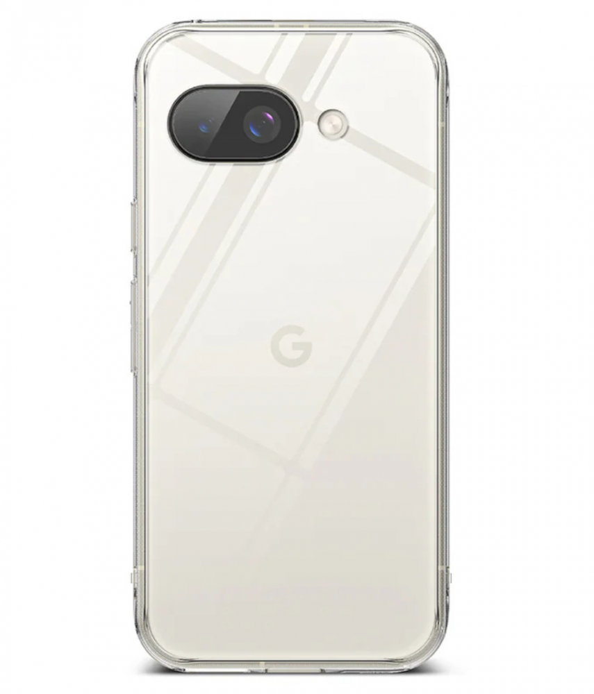 Egy fehér telefon átlátszó tokkal, a hátoldalát mutatja.