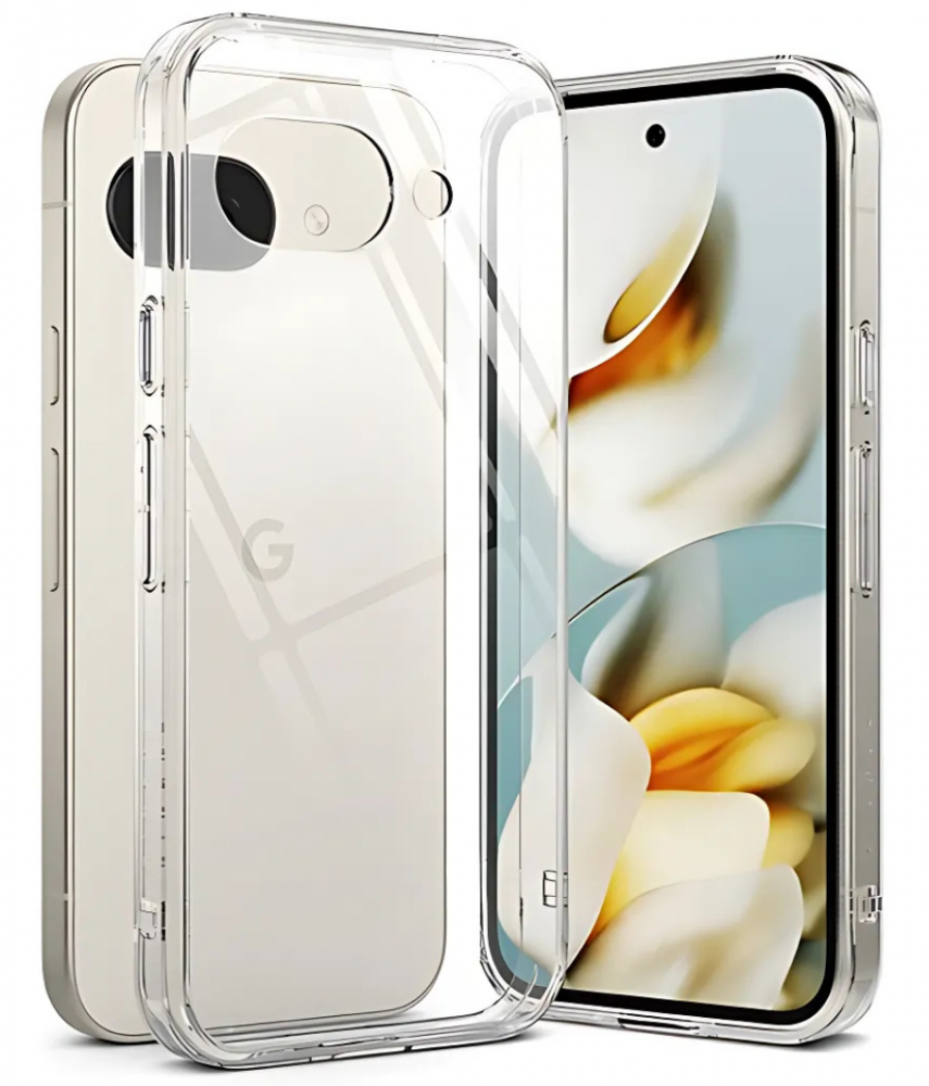 Két telefon, egy tokkal, fehér telefont mutat átlátszó tokkal.