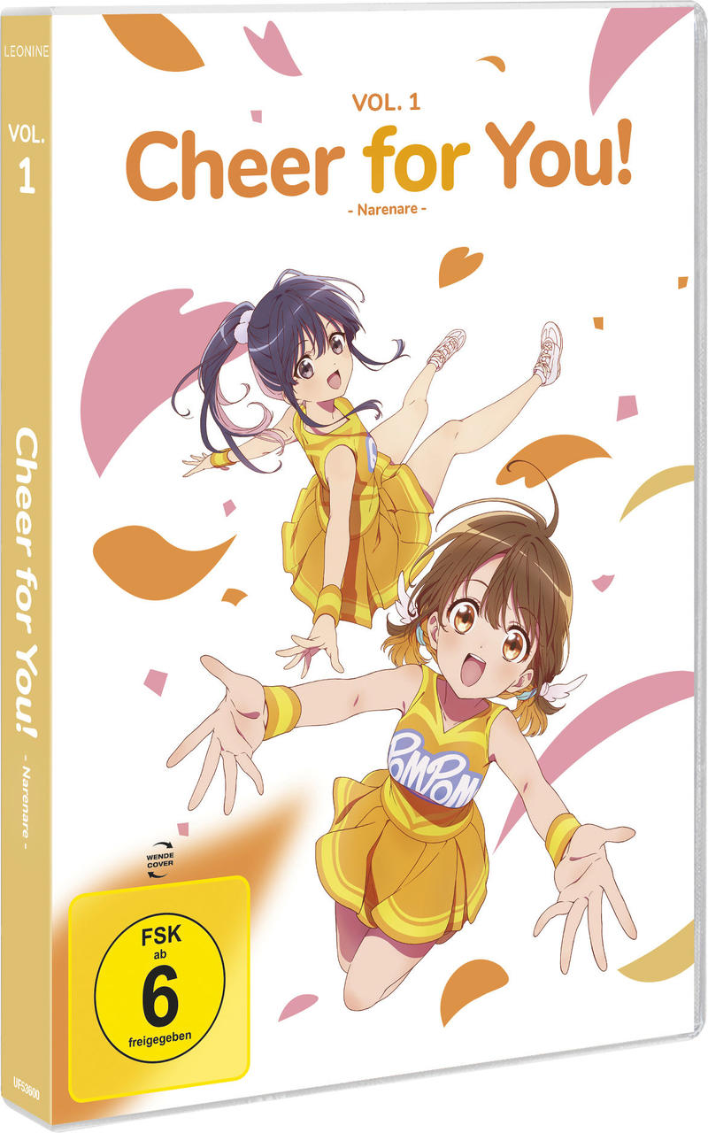 Anime-DVD-Cover zeigt zwei Mädchen in Cheerleader-Outfits. Titel: Cheer for You! Gelbe und orange Farben.