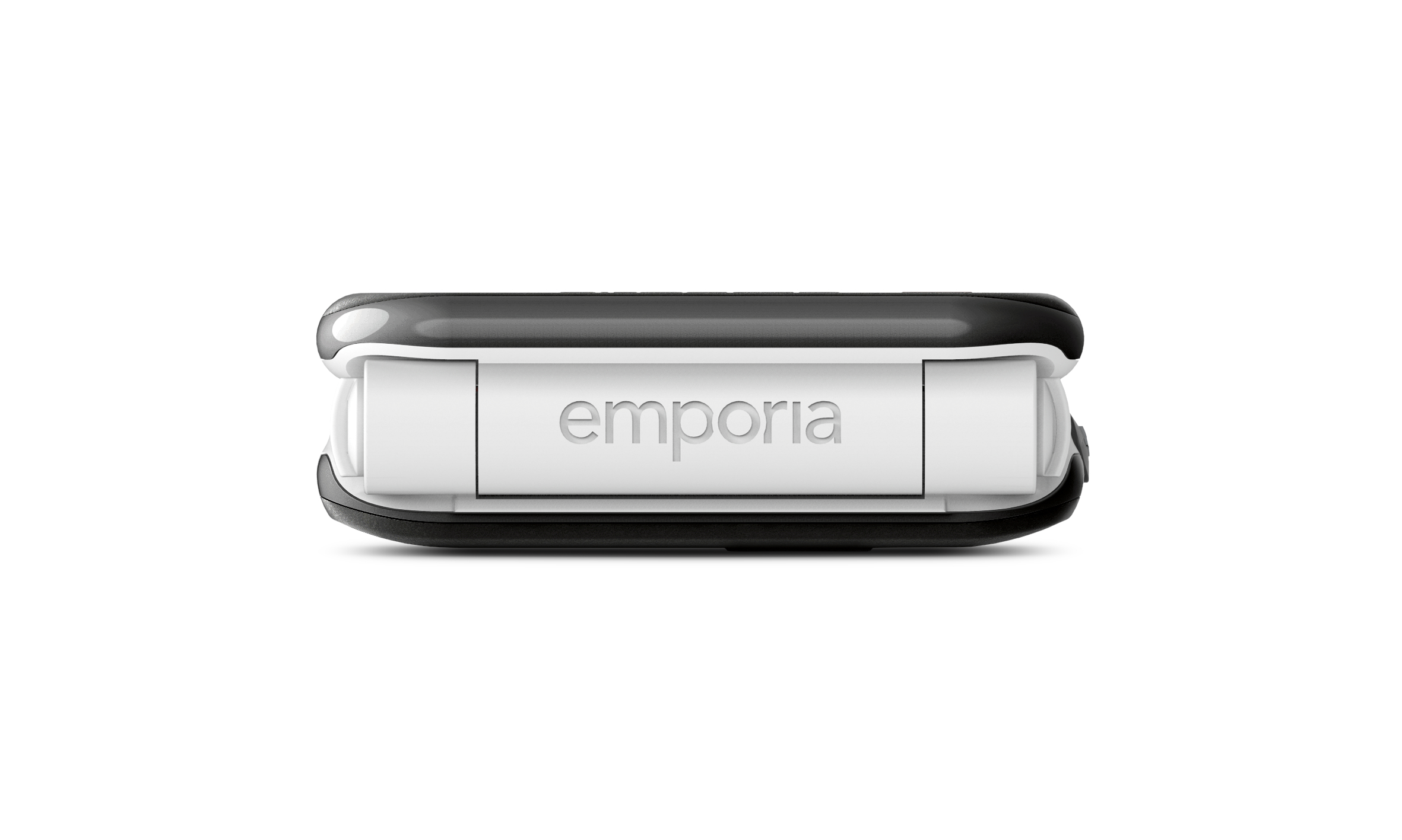 Emporia-Gerät, Draufsicht, schwarz-weiß, mit Markennamen. Weißer Hintergrund.