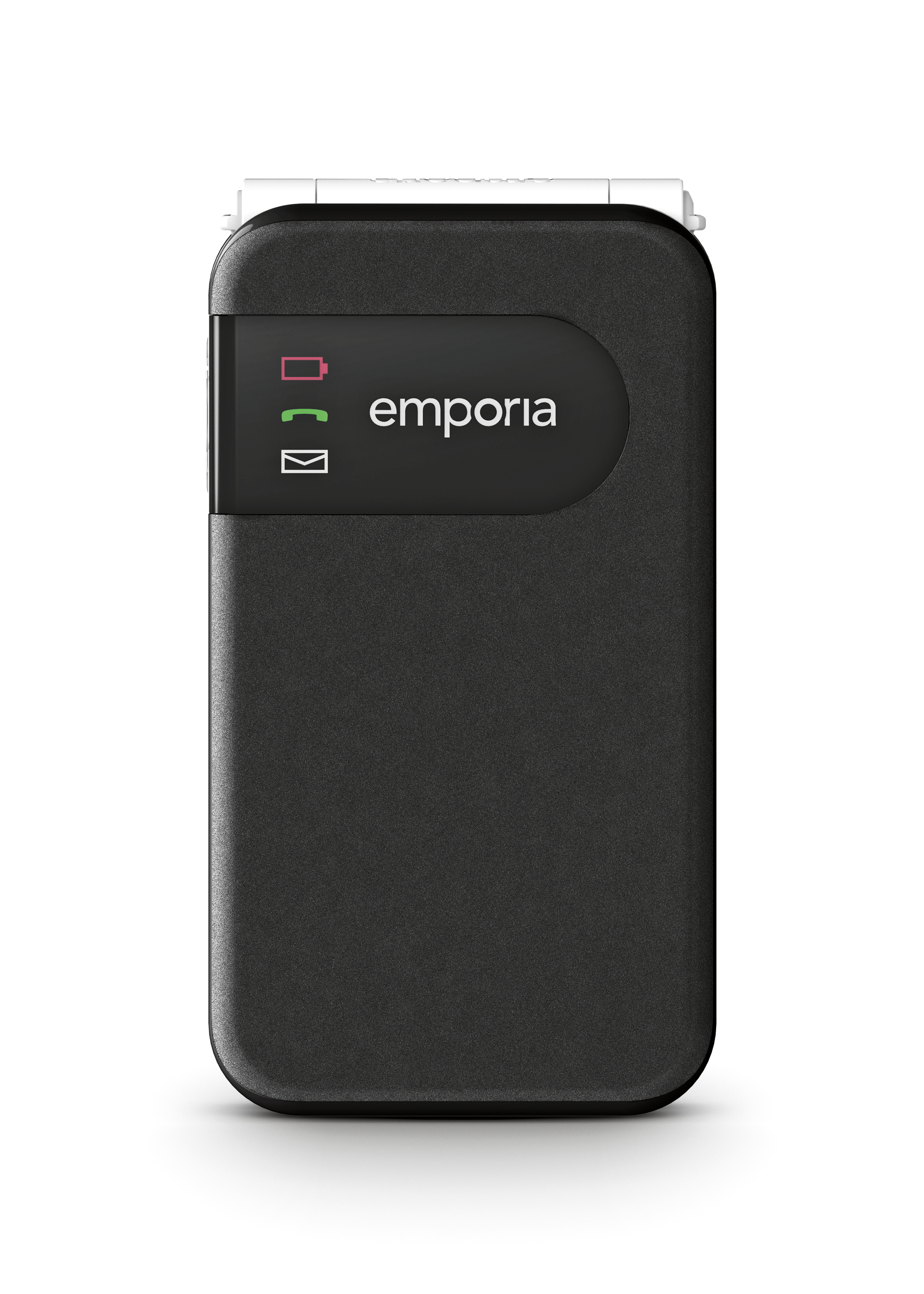 Schwarzes Emporia-Gerät. Das Gerät hat einen Bildschirm mit E-Mail-, Akku- und Telefonsymbolen. Weißer Hintergrund.