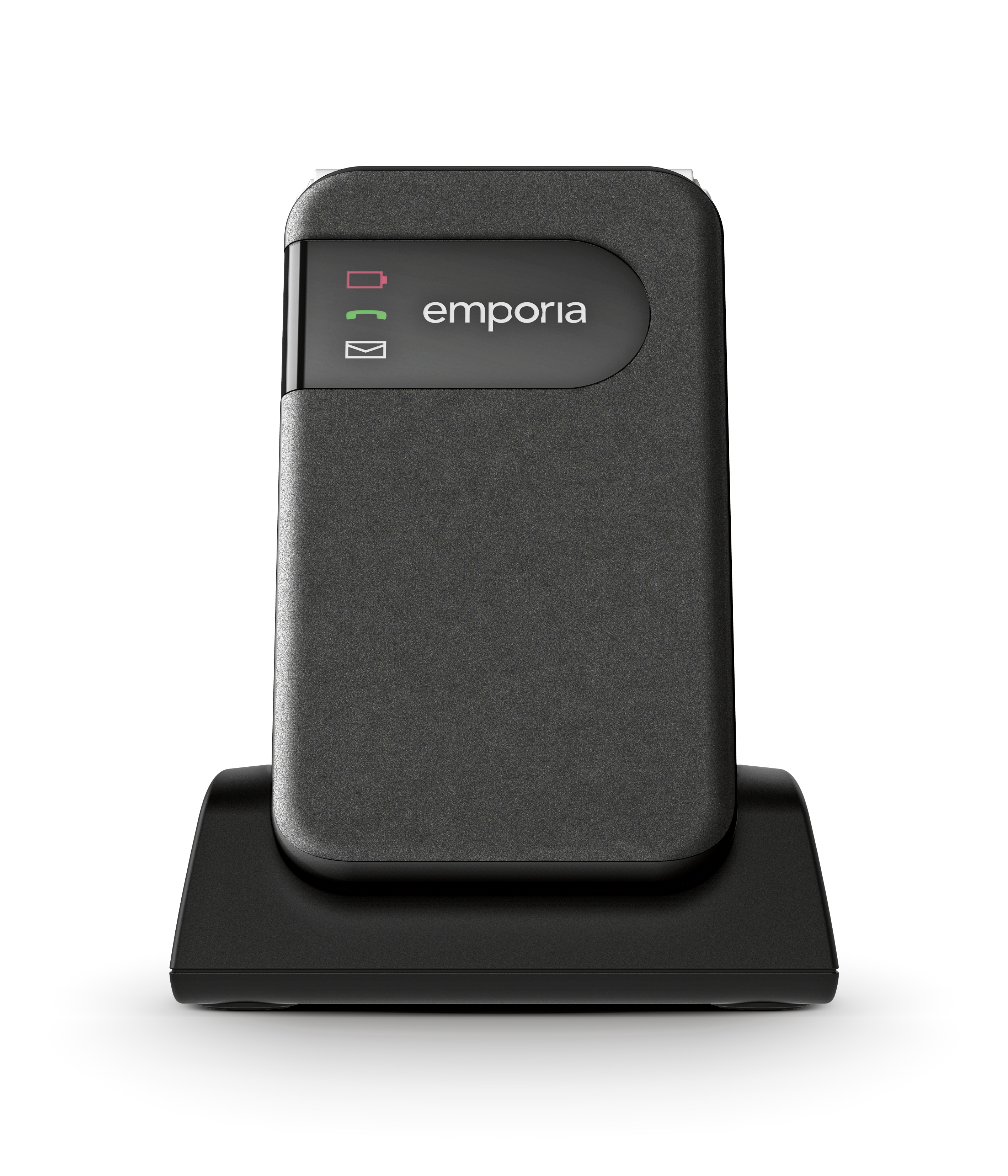 Schwarzes Telefon auf Ladestation. Hat Emporia-Logo und Anzeigen für Akku und Nachricht.