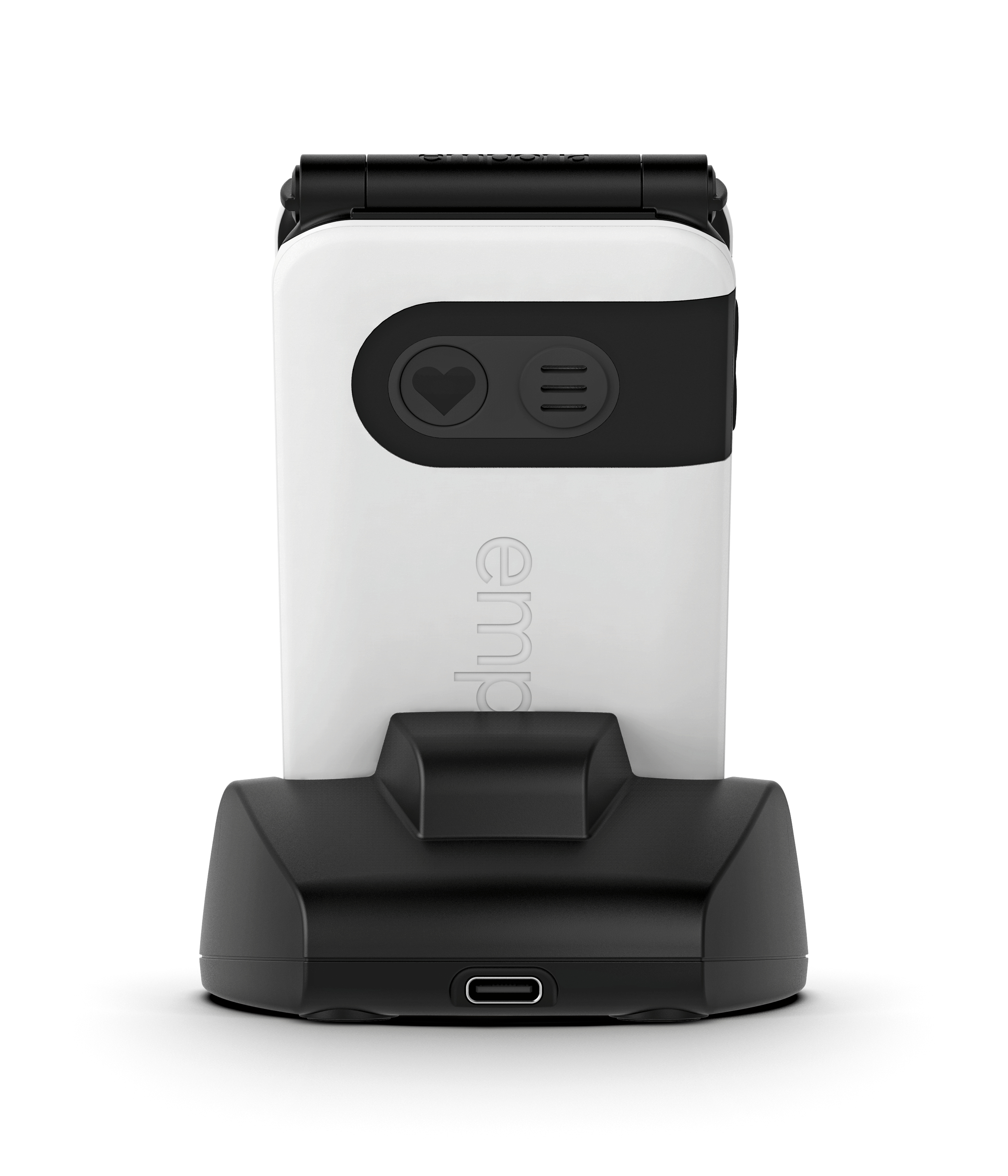 Weißes Telefon mit schwarzen Akzenten. Herz- und Menütasten oben. Emporia-Logo. Auf Ladestation.
