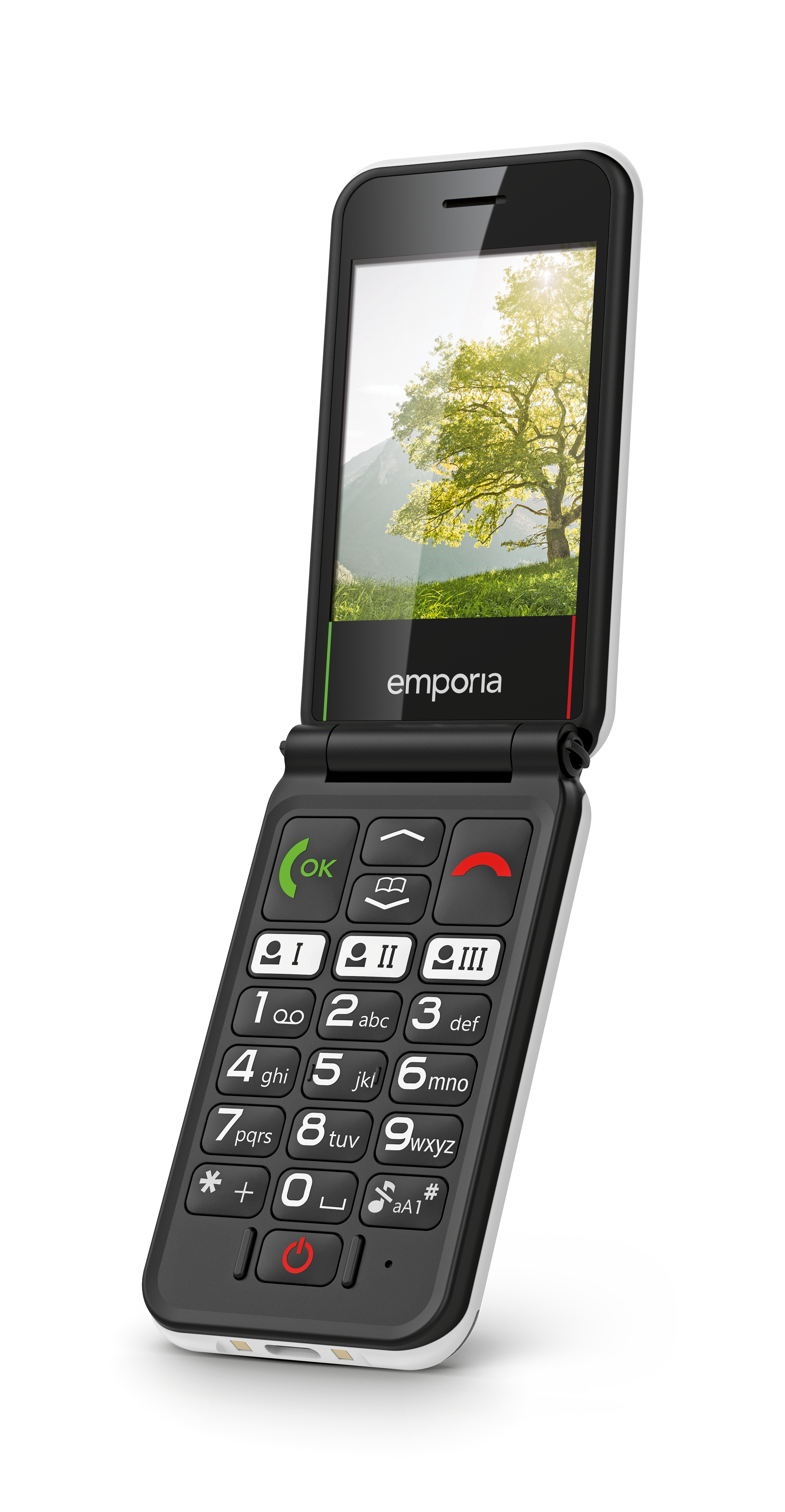 Offenes Klapphandy, weiß und schwarz. Emporia-Logo auf dem Bildschirm. Große Tasten.