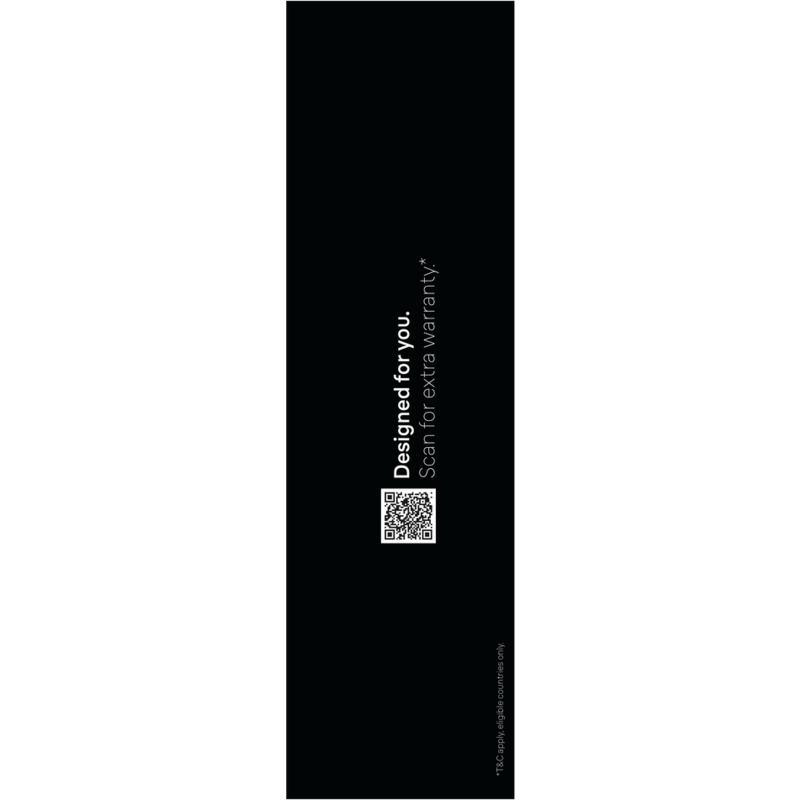 Gráfico negro con texto 'Designed for you' y código QR. Debajo, 'Scan for extra warranty'.