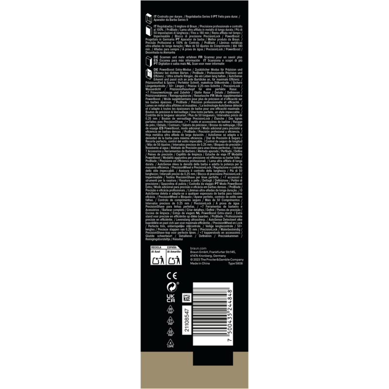 Embalaje del producto con texto en varios idiomas y un logotipo de Braun. Código de barras y detalles en la parte inferior.