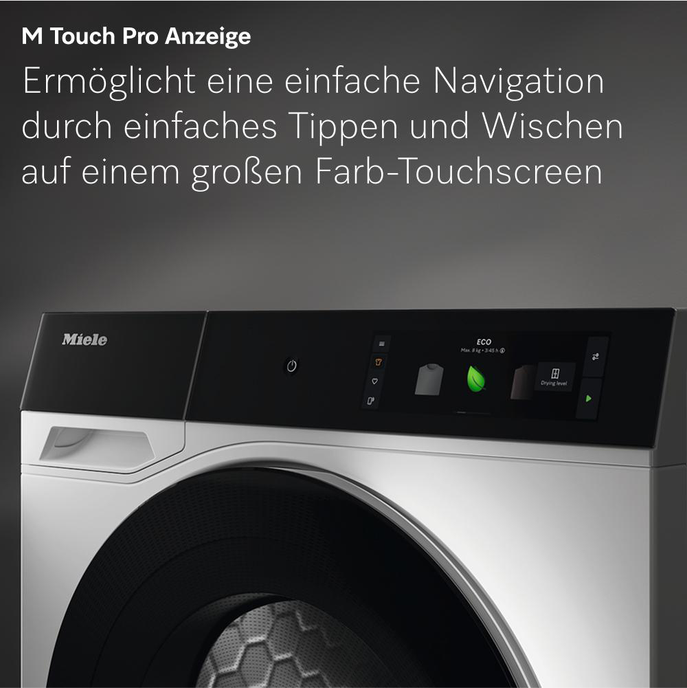 Ein Waschmaschinen-Bedienfeld. Text sagt: Ermöglicht einfache Navigation durch Tippen und Wischen auf dem Bildschirm.