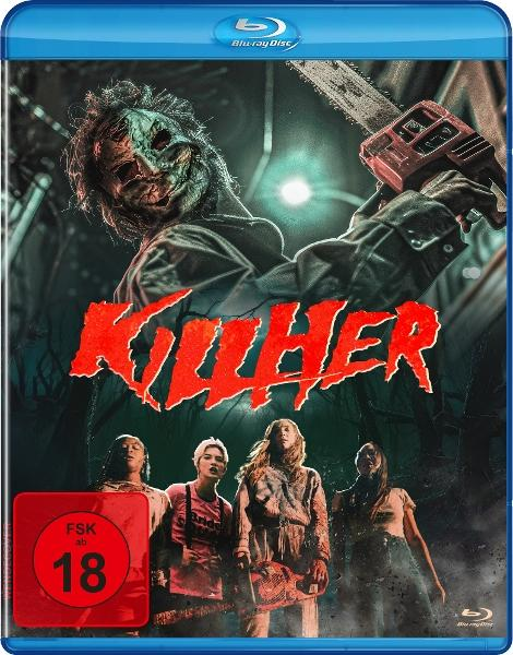 Filmcover: Maskenfigur mit Kettensäge, Titel 'KILLER' und erschrockene Figuren unten. Freigabe ab 18.