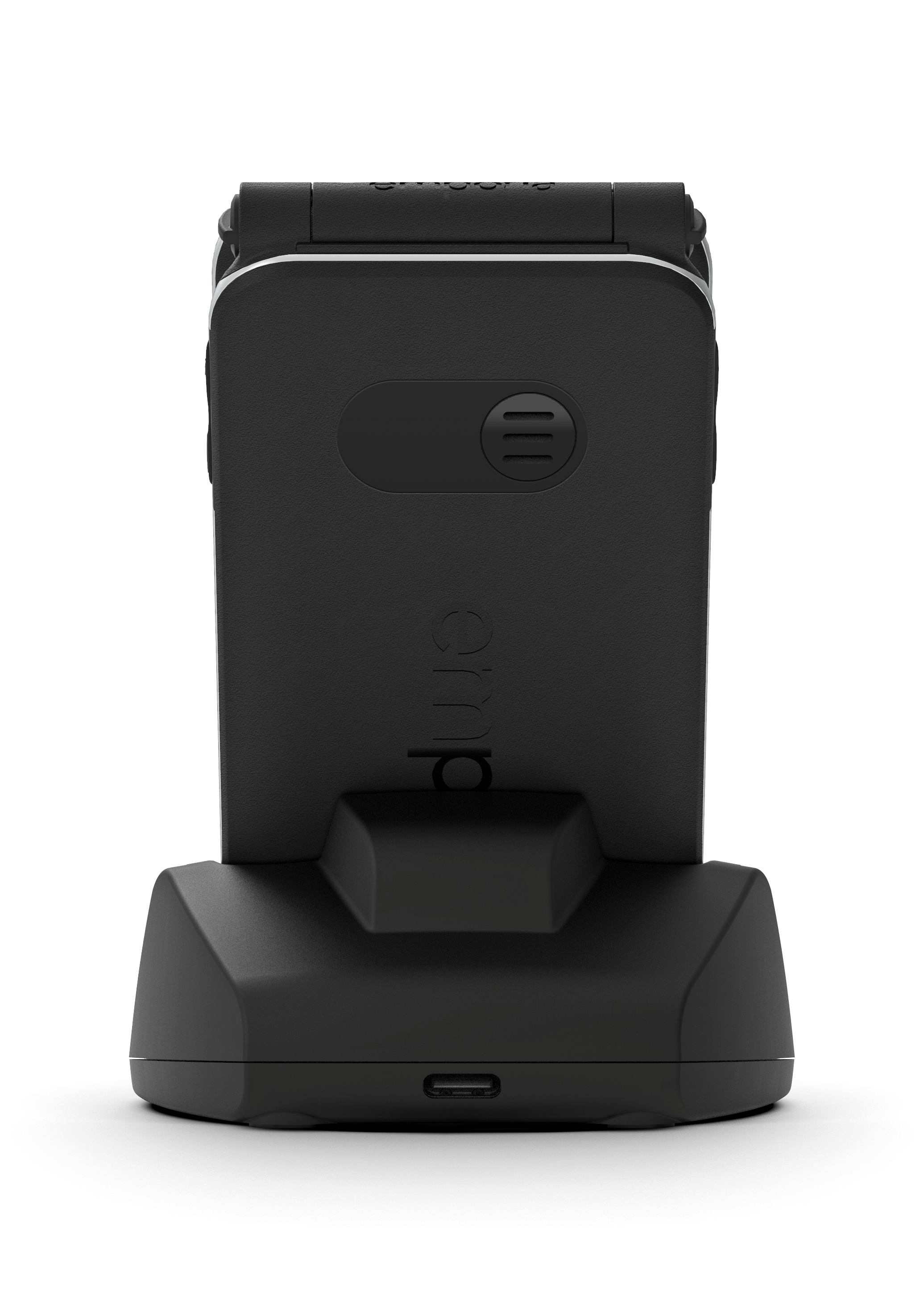 Schwarzes Klapphandy auf Ladegerät, Telefon ist offen. Silberner Rand. USB-Anschluss am unteren Rand.