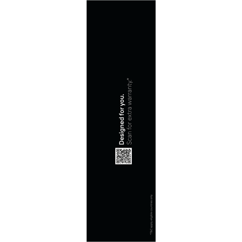 Fondo negro con texto vertical: 'Diseñado para ti. Escanea para garantía adicional.' y un código QR.