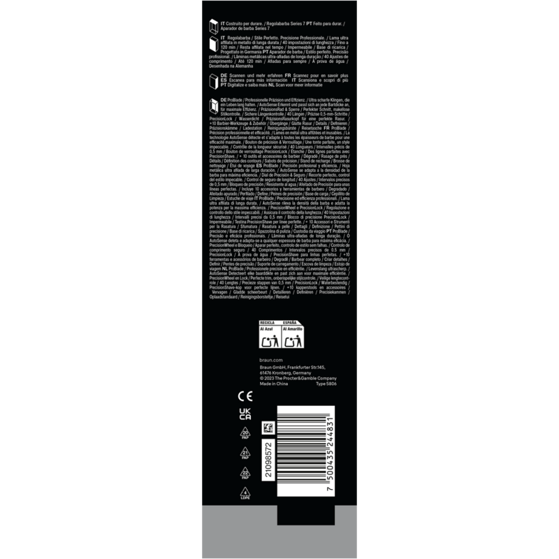 Parte trasera de la caja del recortador de barba Braun con texto, código de barras y fondo blanco.
