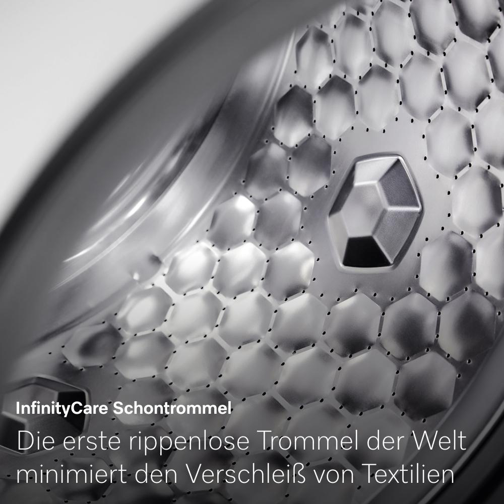 Waschmaschinentrommel-Innenraum. Sechseckmuster innen, Text unten.
