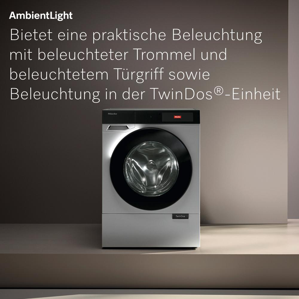 Waschmaschine mit beleuchteter Trommel und Türgriff. Text: AmbientLight.