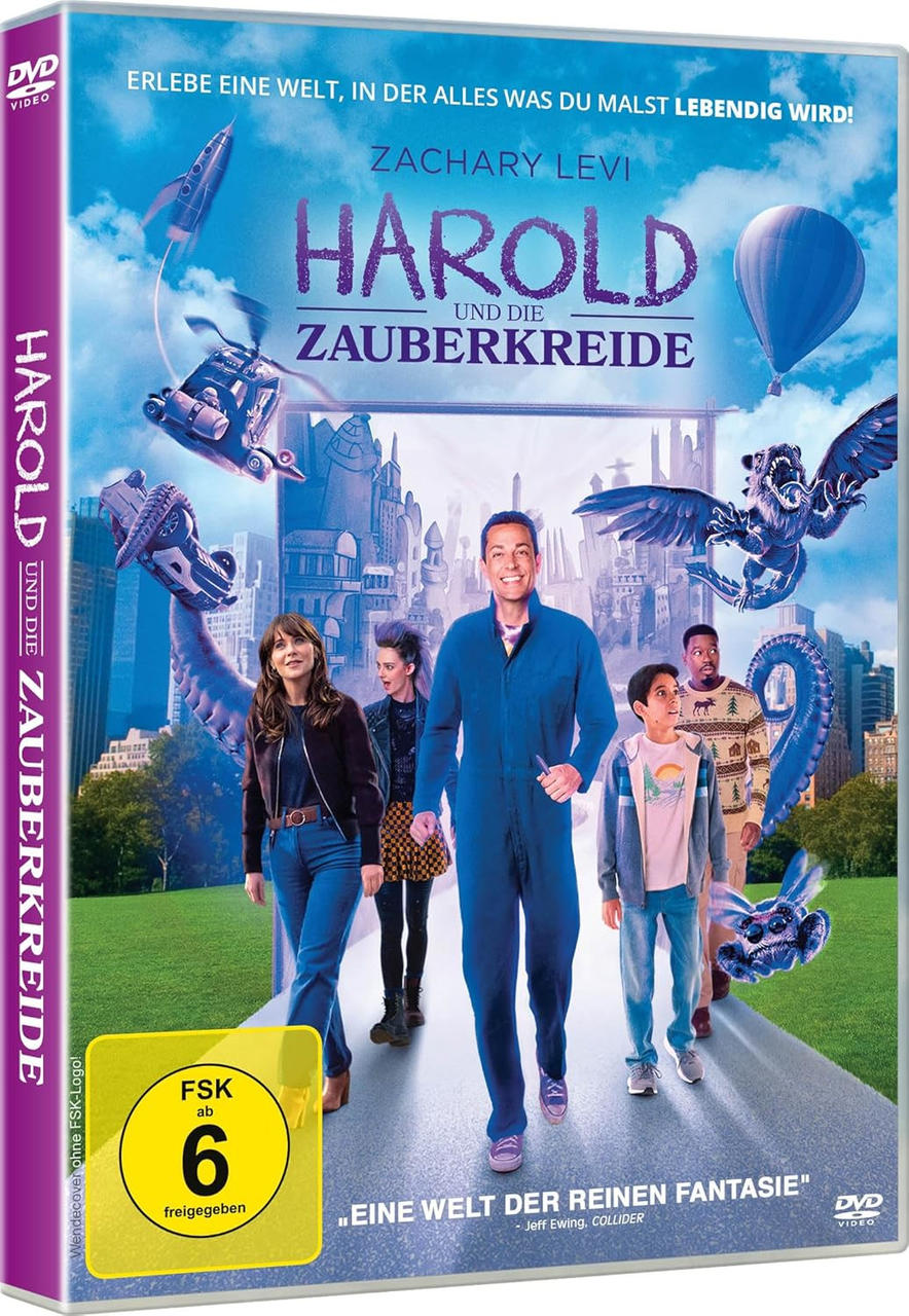 DVD-Cover für 'Harold und die Zauberkreide'. Zeigt einen Mann und Kinder mit animierten Figuren.