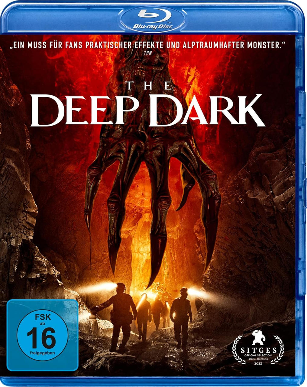 DVD-Cover für 'The Deep Dark'. Zeigt eine dunkle Hand, die aus einem feurigen Hintergrund greift, und Personen.