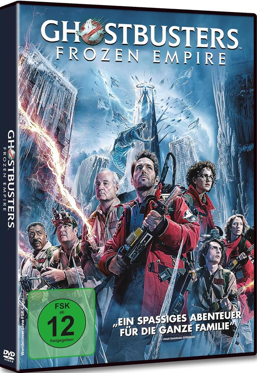 DVD-Cover von 'Ghostbusters: Frozen Empire' mit Besetzung, verschneiter Stadt und Bewertungsdetails.
